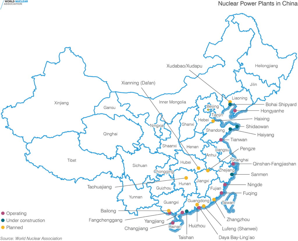 A map of operating, under construction, and planned nuclear power plants in China. (World Nuclear Association)